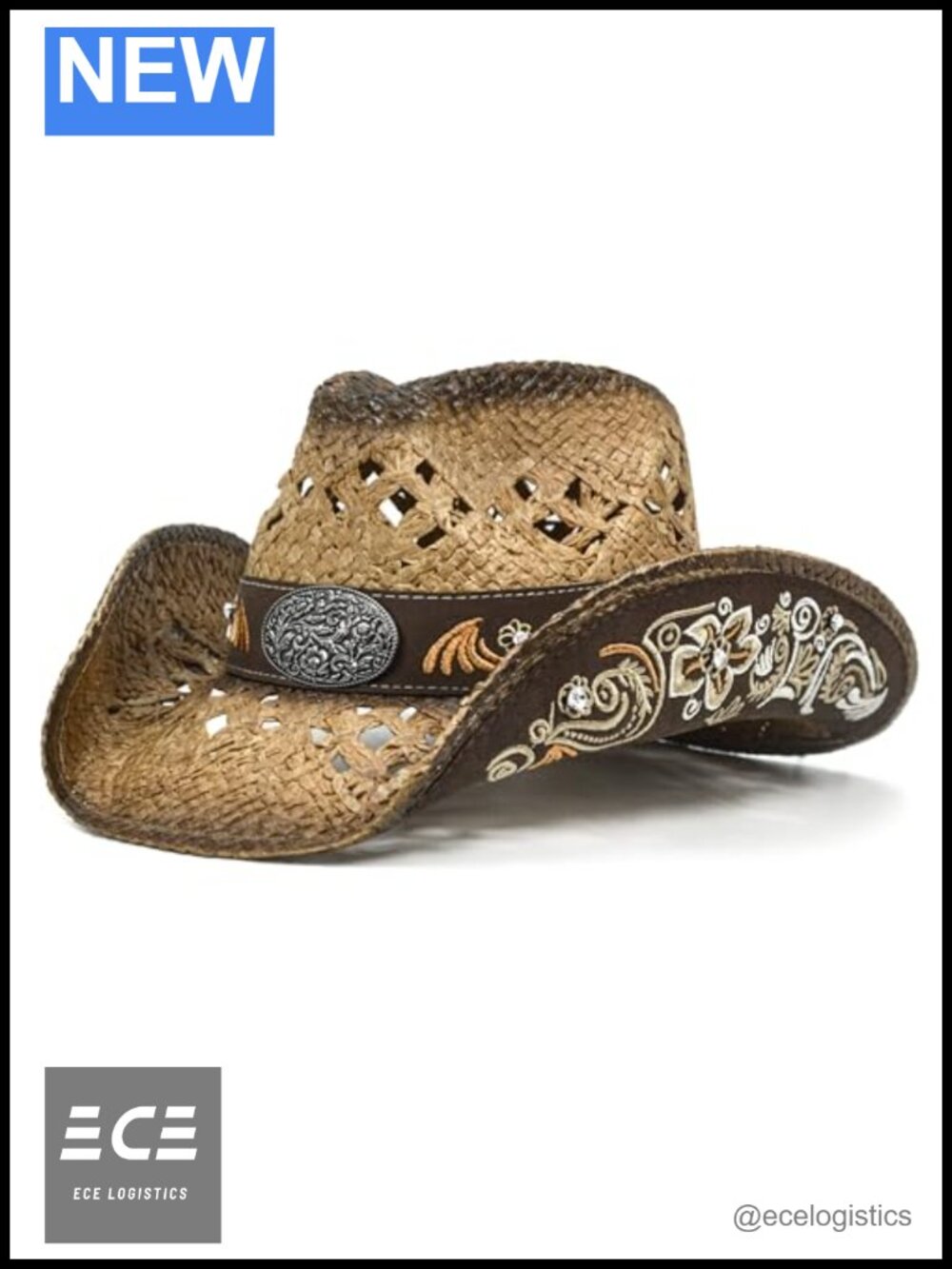 Straw Western Cowboy Hat Embroidered Floral Rhinestone Adjustable